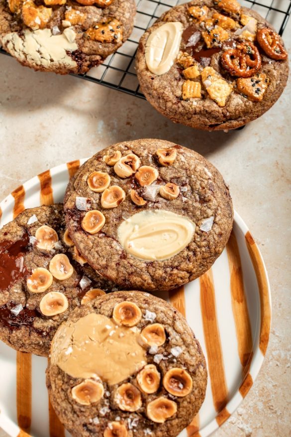 Delicious, freshly baked cookies are arranged.